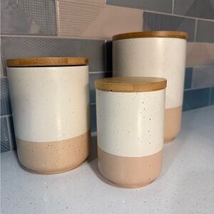 Speckled Ceramic Canister Set with Bamboo Lids - White and Tan